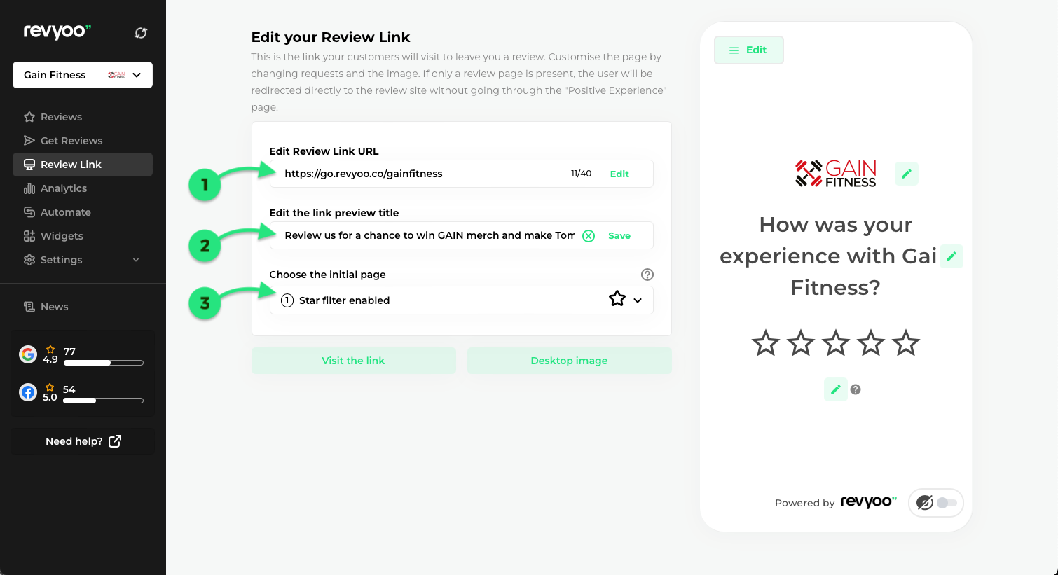 Edit Review link settings