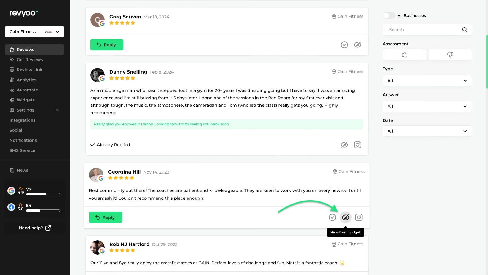 Hide review from website widget