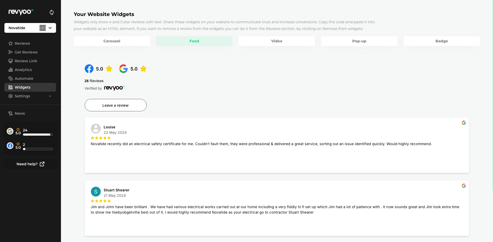 Review Widgets & Social Sharing 2 Reviews Feed Widget